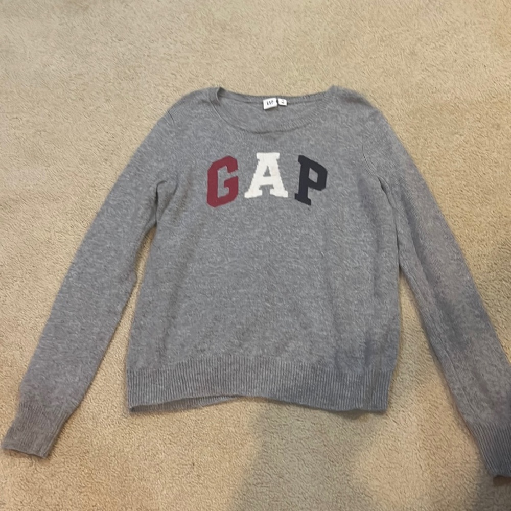 Gap Grey Sweater Red White and Blue Letters